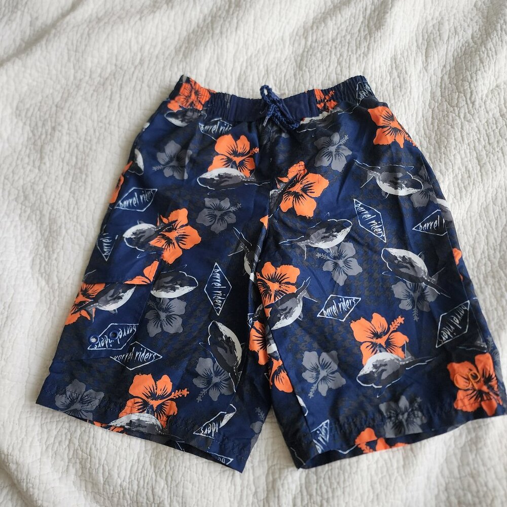 OP Boy's Swim Trunks Navy Blue Orange Gray Floral Print Side Pocket  Size S 6-7